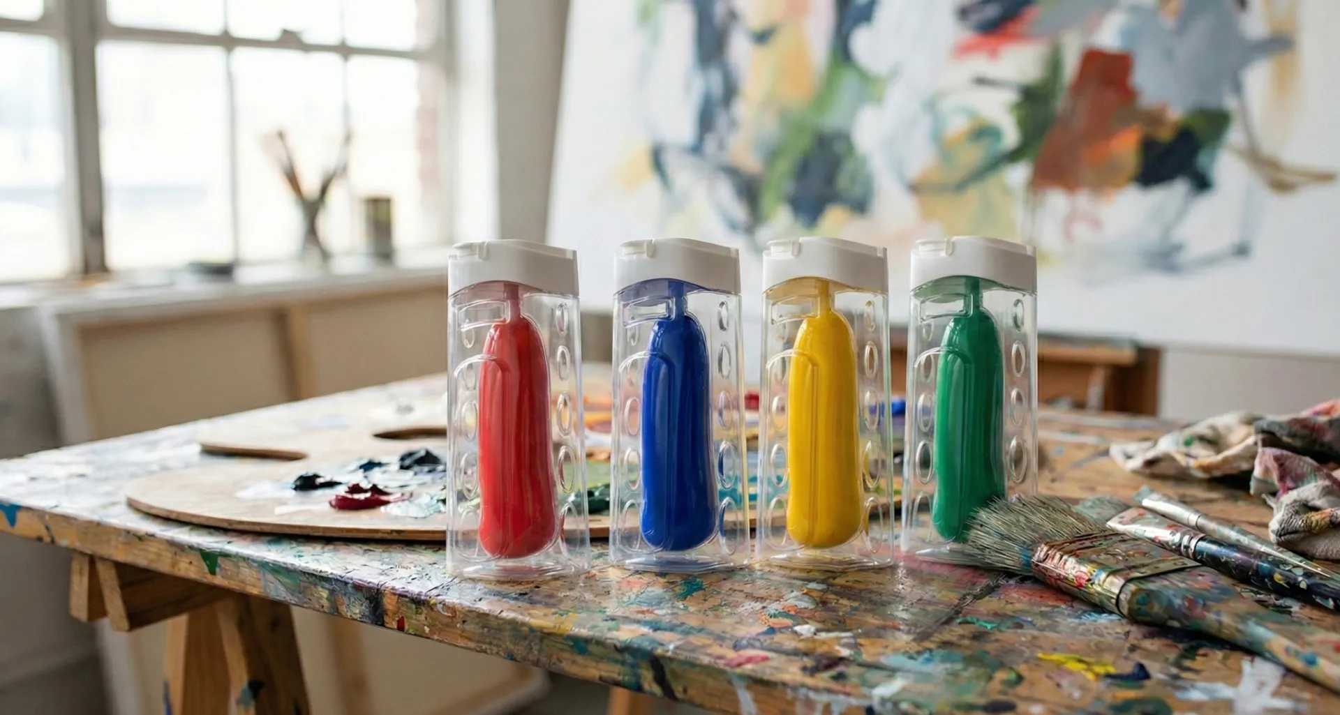 Anti Gravity Bottle paint dispensers in artist studio